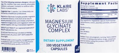 Photo of the Klaire Labs Magnesium Glycinate Complex label