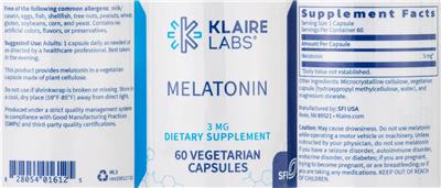 Photo of the Klaire Labs Melatonin 3 mg label