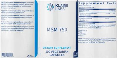 Photo of the Klaire Labs MSM 750 label
