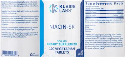 Photo of the Klaire Labs Niacin-SR 500 mg label