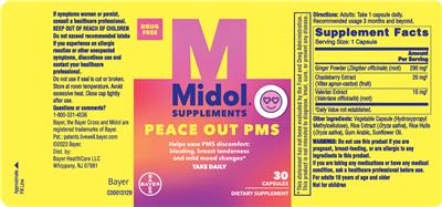 Photo of the Bayer Midol Supplements Peace Out PMS label