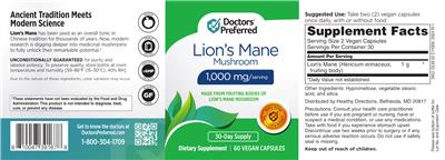 Photo of the Doctors' Preferred Lion's Mane Mushroom 1,000 mg label