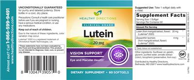 Photo of the Healthy Directions Lutein 20 mg label