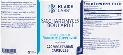 Photo of the Klaire Labs Saccharomyces boulardii 3 Billion CFU label