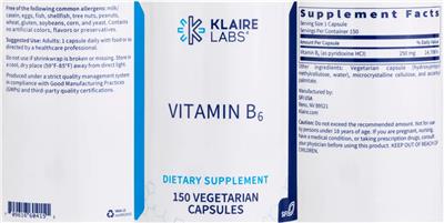 Photo of the Klaire Labs Vitamin B6 label
