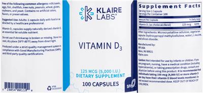 Photo of the Klaire Labs Vitamin D3 125 mcg (5,000 IU) label