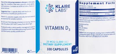 Photo of the Klaire Labs Vitamin D3 25 mcg (1,000 IU) label