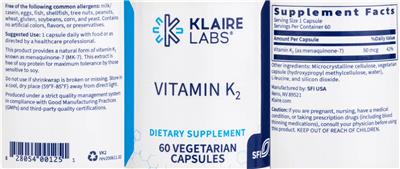 Photo of the Klaire Labs Vitamin K2 label