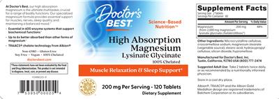 Photo of the Doctor's Best High Absorption Magnesium 200 mg label