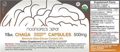 Photo of the Nootropics Depot Chaga Mushroom Extract Capsules 500 mg label