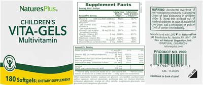 Photo of the Natures Plus Children's Vita-Gels Multivitamin label