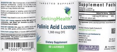 Photo of the Seeking Health Folinic Acid Lozenge 1,360 mcg DFE label