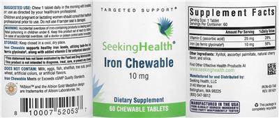 Photo of the Seeking Health Iron Chewable 10 mg label