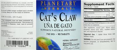 Photo of the Planetary Herbals Cat's Claw 750 mg label