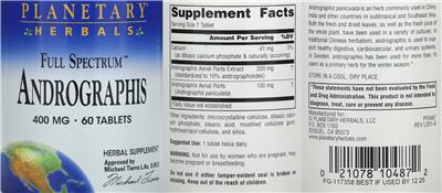 Photo of the Planetary Herbals Full Spectrum Andrographis 400 mg label