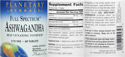 Photo of the Planetary Herbals Full Spectrum Ashwagandha 570 mg label