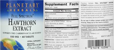 Photo of the Planetary Herbals Full Spectrum Hawthorn Extract 550 mg label