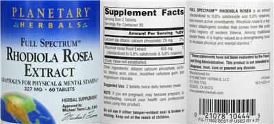 Photo of the Planetary Herbals Full Spectrum Rhodiola Rosea Extract 327 mg label