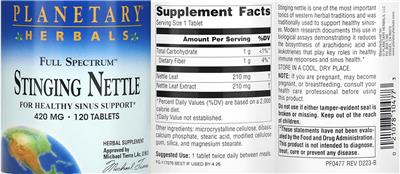 Photo of the Planetary Herbals Full Spectrum Stinging Nettle 420 mg label