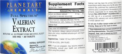 Photo of the Planetary Herbals Full Spectrum Valerian Extract 650 mg label