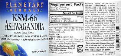 Photo of the Planetary Herbals KSM-66 Ashwagandha Root Extract 600 mg label