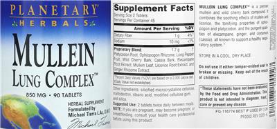 Photo of the Planetary Herbals Mullein Lung Complex 850 mg label