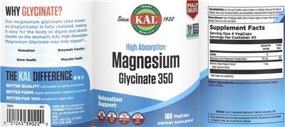 Photo of the KAL High Absorption Magnesium Glycinate 350 label