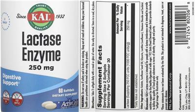 Photo of the KAL Lactase Enzyme 250 mg label