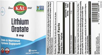 Photo of the KAL Lithium Orotate 5 mg label