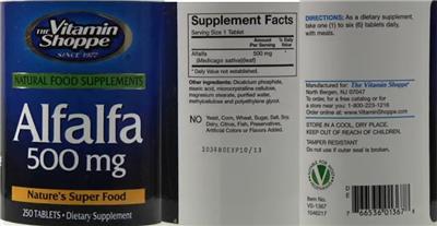 Photo of the The Vitamin Shoppe Alfalfa 500 mg label