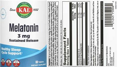 Photo of the KAL Melatonin 3 mg Sustained Release label