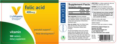 Photo of the The Vitamin Shoppe Folic Acid 400 mcg label