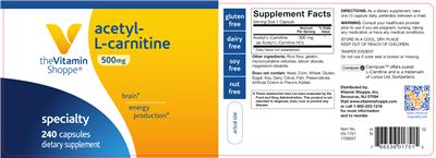 Photo of the The Vitamin Shoppe Acetyl-L-Carnitine 500 mg label