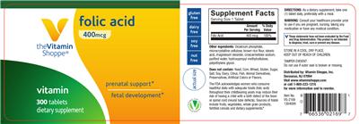 Photo of the The Vitamin Shoppe Folic Acid 400 mcg label