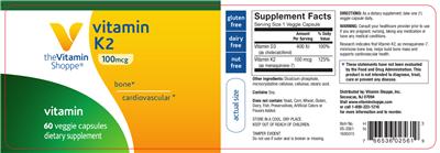Photo of the The Vitamin Shoppe Vitamin K2 100 mcg label