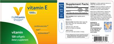 Photo of the The Vitamin Shoppe Vitamin E 1000 IU label