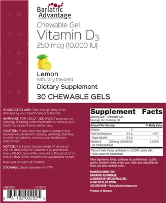 Photo of the Bariatric Advantage Chewable Gel Vitamin D3 250 mcg (10,000 IU) label