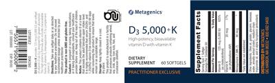 Photo of the Metagenics D3 5,000 + K label