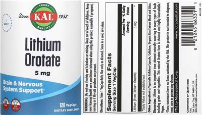 Photo of the KAL Lithium Orotate 5 mg label