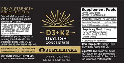 Photo of the SurThrival D3+K2 Daylight Concentrate label