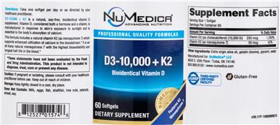 Photo of the NuMedica D3-10,000 + K2 label