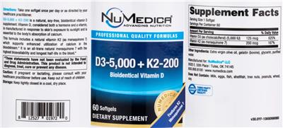 Photo of the NuMedica D3-5,000 + K2-200 label