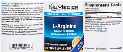 Photo of the NuMedica L-Arginine 750 mg label