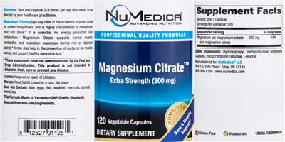 Photo of the NuMedica Magnesium Citrate Extra Strength 200 mg label