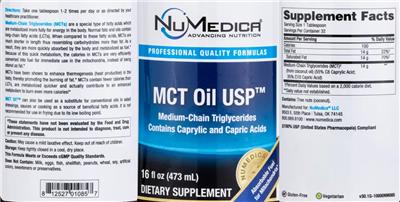 Photo of the NuMedica MCT Oil USP label