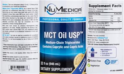 Photo of the NuMedica MCT Oil USP label