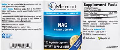 Photo of the NuMedica NAC N-Acetyl Cysteine label