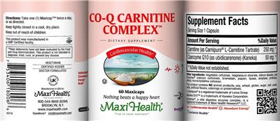 Photo of the Maxi Health Co-Q Carnitine Complex label