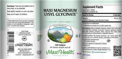 Photo of the Maxi Health Maxi Magnesium Lysyl Glycinate label