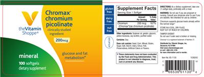 Photo of the The Vitamin Shoppe Chromax Chromium Picolinate 200 mcg label